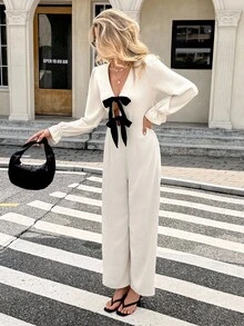 SHEIN Frenchy Bộ đồ liền thân ống rộng thắt nút bèo nhún phía trước màu tương phản dành cho nữ - Màu be - Xem 7