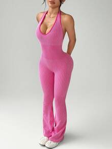SHEIN Sovereign Charm Women's Backless Seamless High Stretch Sports Jumpsuit,Pink Stripe Summer Ribbed Unitard Halter Jumpsuit For Women,Sexsy Gym Sports Jumpsuit - Hot Pink - View 1
