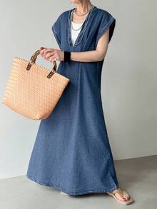 FRIFUL 女式深V领蝙蝠袖短袖宽松休闲牛仔连衣裙