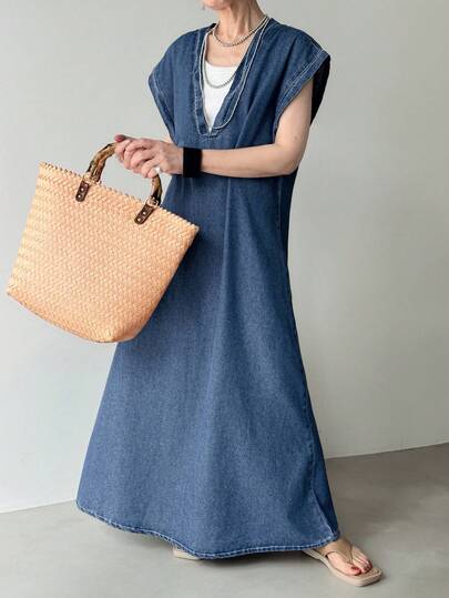 FRIFUL 女式深V领蝙蝠袖短袖宽松休闲牛仔连衣裙