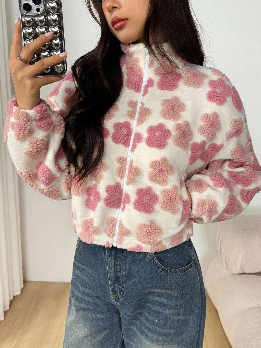 SHEIN 少女金属拉链立领口袋花卉羊羔绒纹理面料休闲通勤优雅外套夹克，秋冬 - 粉色 - 查看 1