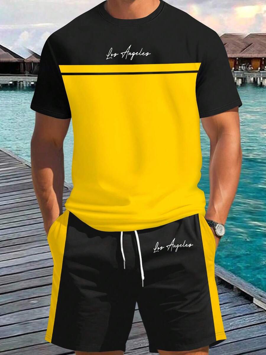 Manfinity Homme Men's Summer Casual Colorblock T-Shirt And Shorts Set - Multicolor - View 1