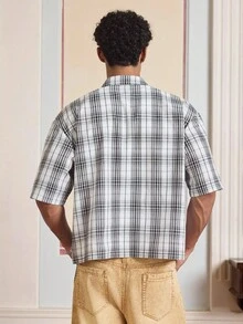 SWAVVY Men's Plaid Numeral Print Short Sleeve Single-Breasted Casual Shirt