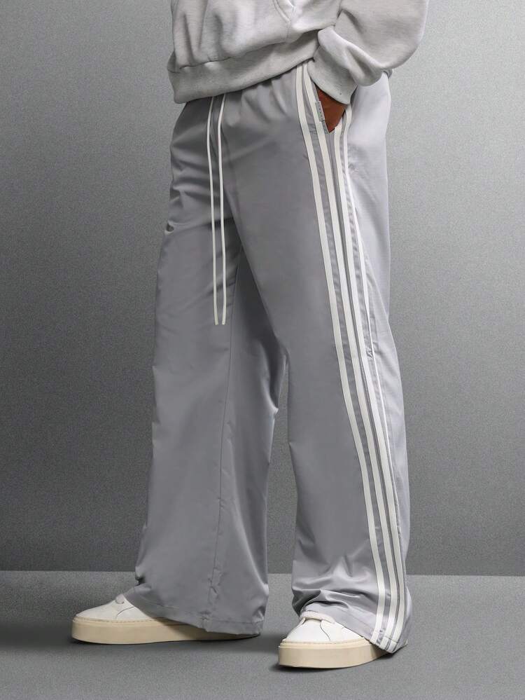 Wide Leg Nylon Pants With Side Stripes Flared Bottom