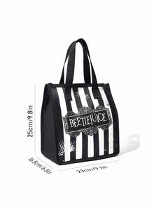 Beetlejuice X SHEIN 1 件条纹和字母图案隔热午餐袋，可保持食物温暖或冷藏，大容量野餐袋可容纳午餐盒和饮料，适合野餐、露营、旅行、家用、家庭、学生、设计 - 黑與白 - 查看 7