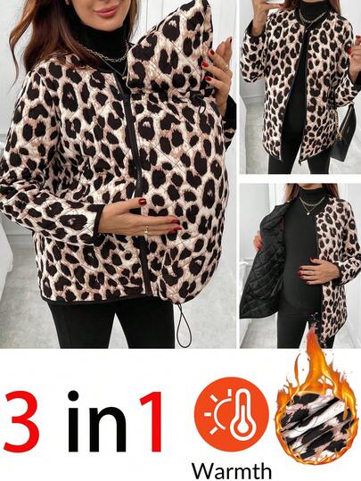 SHEIN Chaqueta de maternidad 3 en 1 con estampado de leopardo, de moda para otoño/invierno