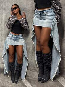 StreetHx Low Waist Frayed Hem Long & Short Denim Skirt - Medium Wash - View 5