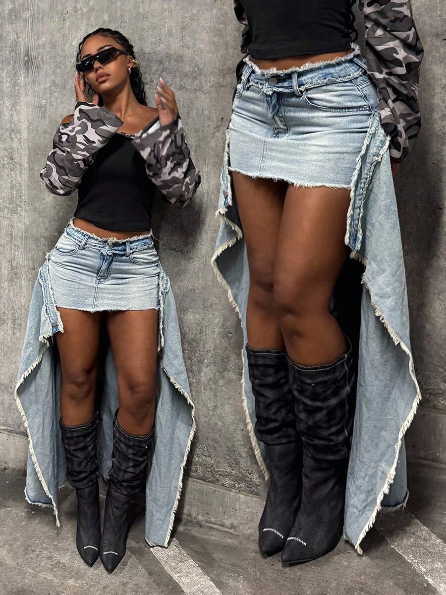 SHEIN Tall 女士时尚休闲可拆卸修身牛仔裙 - 淺色水洗藍 - 查看 1