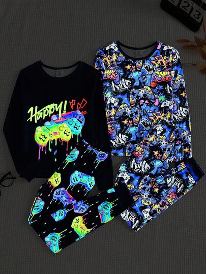 4pcs Tight Fit Pajama Set For Tween Boys Long Sleeve Top And Pants, Fashion Daily Casual Video Game Print Pattern, Glow-In-The-Dark Fabric, Soft And Comfortable For Loungewear