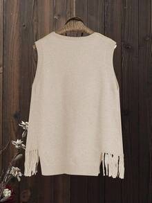 Franclia 2024秋冬新款V领流苏下摆黄/姜针织女毛衣背心，休闲时尚 - 杏色 - 查看 2