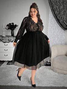 Enliva Christmas Plus Size Women Lantern Sleeve Midi Lace Dress/Autumn /Winter