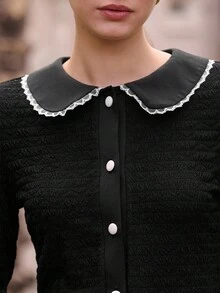 lacRébo Black Textured Rib Long Sleeve Top With Contrast Trim Collar And Buttons Fall Women Clothes Spring Summer Elegant Top - Black - View 6