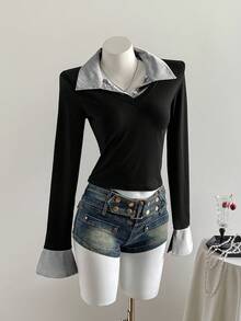 Sweetra 1 件女式条纹拼接不对称下摆紧身长袖 T 恤，二合一衬衫领，时尚休闲街头风格，秋冬图案 T 恤女式春季上衣 - 黑與白 - 查看 4