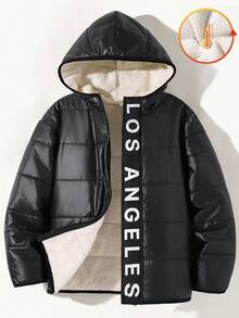 SHEIN Tween Boy Letter Print Thermal Lined Hooded Jacket, Winter Fashion Fall