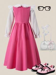 Tween Girl Ruffle Collar 2 In 1 Pleated Bowknot Long Dress Fall Winter - Pink - View 2