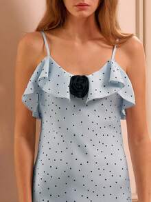 lacRébo Vestido largo de satén con lunares, con volantes y detalles de flores para otoño e invierno - Azul - Ver 6