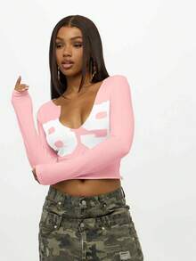 SUMWON WOMEN 长袖短款上衣紧身胸衣设计女性化圆领修身棉混纺休闲 Y2K 时尚街头服饰秋冬必备上衣 - 淺粉色 - 查看 4