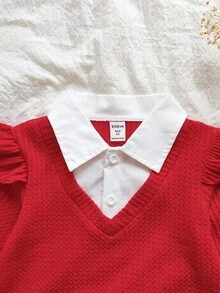 SHEIN Vintaside Kids 年轻女孩复古时尚休闲长袖撞色二合一T恤和心形刺绣水洗牛仔裤两件套，秋季/春季 - 玫紅色 - 查看 4