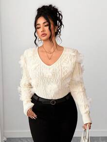 Elenzga Plus Size Women V-Neck 3D Floral Long Sleeve Pullover Sweater, Autumn Fall Winter Cloth For Women