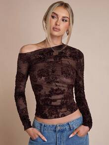 SHEIN BAE 女士时尚性感不对称领口提花网纱T恤，冬季、万圣节、圣诞节、新年、感恩节、性感夜店装扮，薄纱绒面上衣 - 棕色 - 查看 7