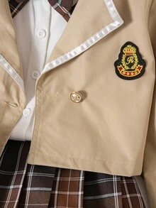 Souflis Souflis 年轻女孩经典学院风徽章领撞色饰边西装外套，搭配格纹蝴蝶结格子百褶裙套装。适合秋冬季节校园穿着，展现俏皮绅士风范 - 卡其色 - 查看 3