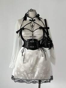 Sunspun 新款时尚设计提花拼接雪纺袖长袖改良中式旗袍裙带蕾丝蝴蝶结 - 白色 - 查看 8