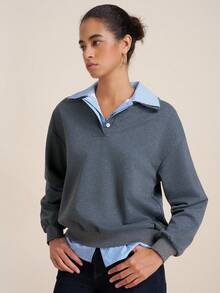 Airaco 女士格子衬衫领落肩长袖休闲宽松运动衫，秋季 - 深灰色 - 查看 1