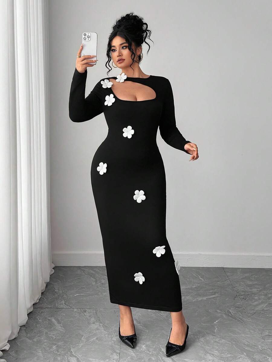SHEIN PETITE CURVE 优雅都市长袖性感腰部收腰3D花卉大码女式连衣裙 - 黑色 - 查看 1