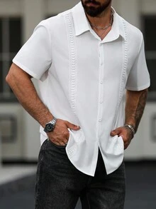 Manfinity Homme Plus Size Men's Casual Solid Color Short Sleeve Shirt, Summer - White - View 1