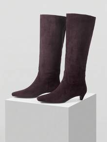 MOTF 女士时尚尖头高跟过膝靴，秋冬 - 酒紅色 - 查看 4