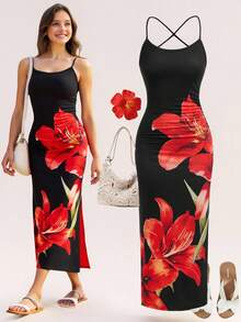 Girlism 青少年女孩花卉印花开衩吊带休闲连衣裙，适合夏季、度假、派对、户外穿着