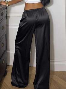Ronhire Tie Front Satin Pants Spring Summer 90's Elegant, Casual, Cute Vacation Holiday - Black - View 2