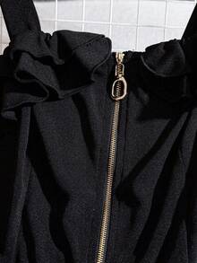 Franclia 1pc Elegant Frill Trim Zipper Decor Jumpsuit, Fitted Black Bib Overall - Black - View 3