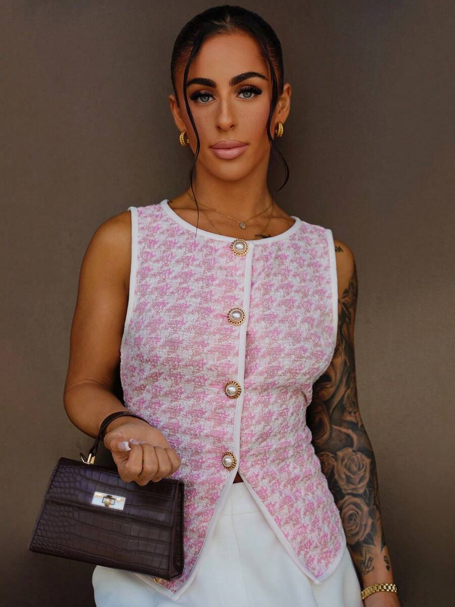 SAYEHFBABY Women's Elegant Pink Knitted Houndstooth Tank Top With Contrast Binding And Pearl Buttons - Pink - View 1