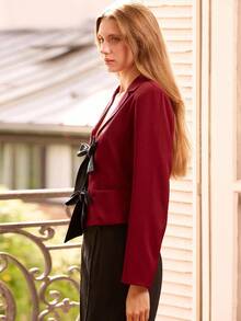 lacRébo Wine Red Cropped Blazer With Black Ribbon Ties Spring Spring Summer Chic Blazer Going Out New Year - Burgundy - View 6