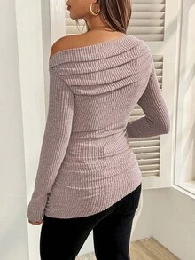 SHEIN Autumn And Winter Maternity Solid Color Ruched Ribbed Oblique Shoulder Long Sleeve Fitted T-Shirt - Dusty Pink - View 2