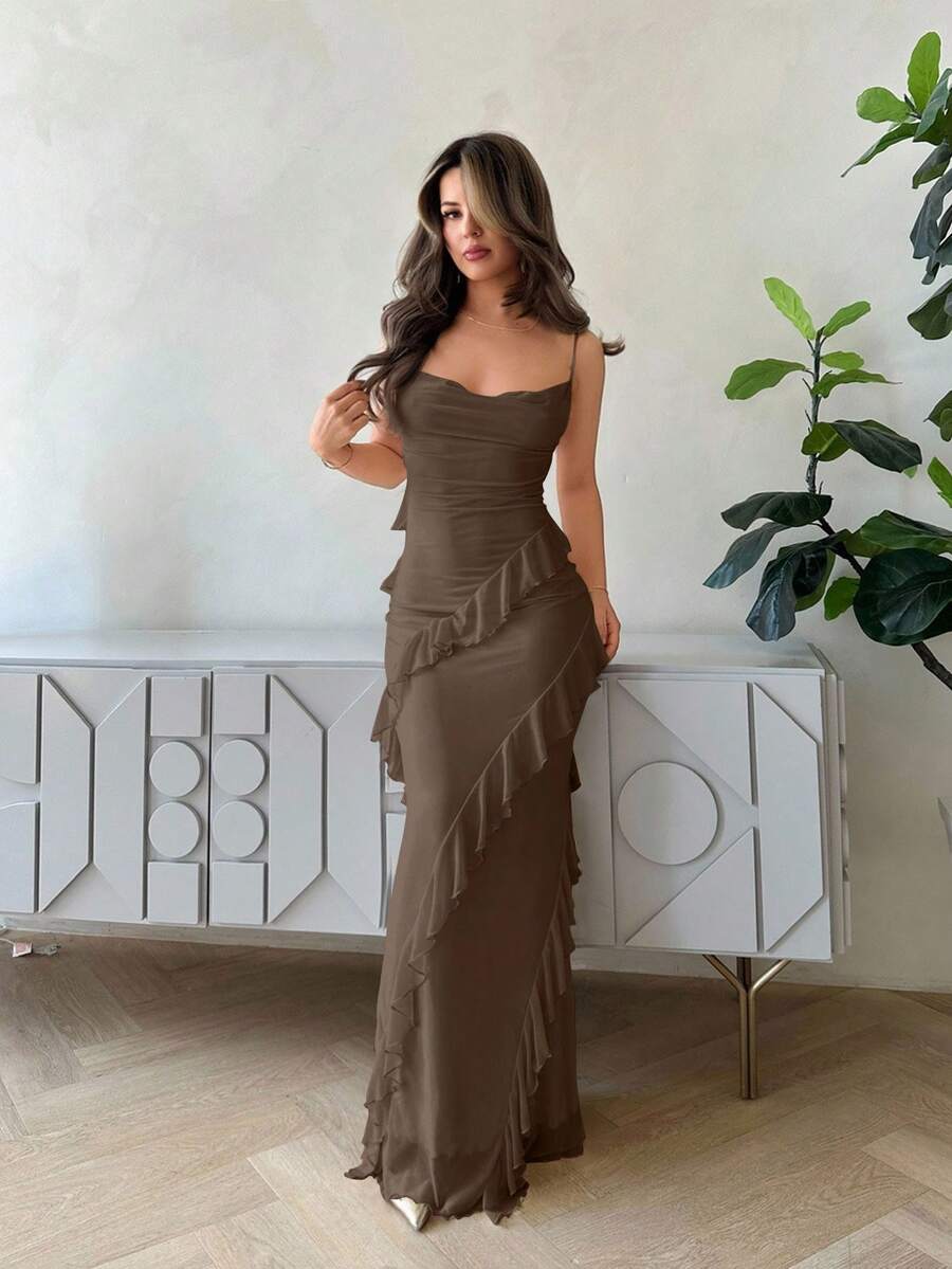 Jemour 春夏浪漫约会荷叶边垂领紧身女式长裙 - 棕色 - 查看 1