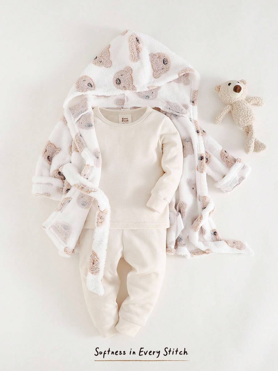Cozy Pixies Bata con capucha de manga larga con cintura anudada, forro térmico y estampado de oso de dibujos animados para bebé niño - Albaricoque - Ver 1