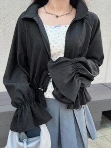 FRIFUL Women's Regular Collar Loose Flare Sleeve Short Hem Ruffle Patchwork Solid Color Casual Jacket, Gothic Style Fall/Winter - Grey - View 3