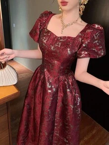 FRIFUL 女士优雅提花泡泡袖收腰中长连衣裙 女士连衣裙 生日装 女士夏季服装 女士加大码服装 正式场合女士休闲连衣裙 女士生日装 红色女士连衣裙 圣诞节 - 酒紅色 - 查看 6