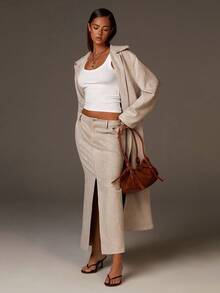 Athîral 女式纯色长袖单排扣休闲长款风衣，秋季 - 灰色 - 查看 3