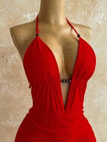 Soleia Váy ngắn hở lưng buộc dây cổ chữ V sâu gợi cảm dành cho nữ, dáng ôm sát, thích hợp cho tiệc tùng, hẹn hò, trà chiều, kỳ nghỉ hè trên bãi biển gợi cảm và thời trang - Đỏ - Xem 4