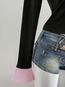 Elamini 1pc Women's Striped Splice Asymmetrical Hem Tight Long Sleeve T-Shirt, 2 In 1 Shirt Collar, Fashion Casual Street Style, Autumn/Winter Graphic Tees Women Tops For Spring - Multicolor - View 7