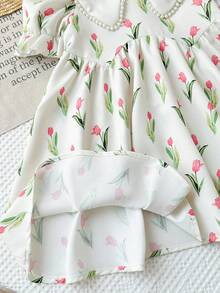 LMoss Kids LMoss Young Girl Woven Floral Patchwork Ruffle Collar Puff Sleeve Fitted Dress Tulip Dress Kids Floral Dress Girls White Dress Kids Peter Pan Collar Dress Summer Dress Girls - White - View 5