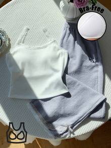 Comfortcana 2 件套女式休闲蕾丝花边吊带背心和蓝白条纹裤，返校季 2 件套 - 藍白色 - 查看 3