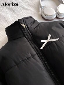 Manteau court rembourré avec col montant, décoration de nœud en ruban noir, décontracté pour préadolescentes et adolescentes, chaud