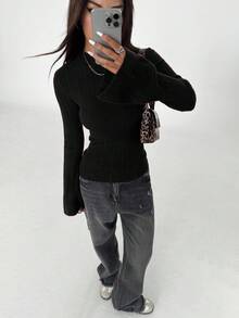 Flirla Women's Fashionable Flare Sleeve Solid Color Round Neck Fitted Sweater, Autumn