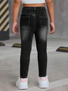 SHEIN SLAYR KIDS SLAYR KIDS Young Girls Blue Denim Ripped Jeggings,Girl Fall Clothes - Black - View 2