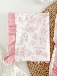 4 件套新生儿花卉印花头带、连脚连体衣、罗纹连体衣和襁褓毯套装，适合所有季节的舒适家居服 - 粉色 - 查看 4