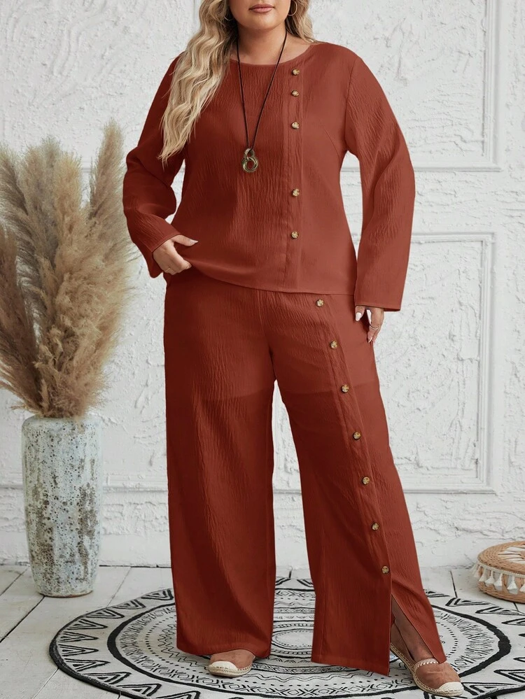 Women's SPring White Textured Round Neck Single Breasted Decor Long Sleeve And Pants Plus Size Two Pieces Set